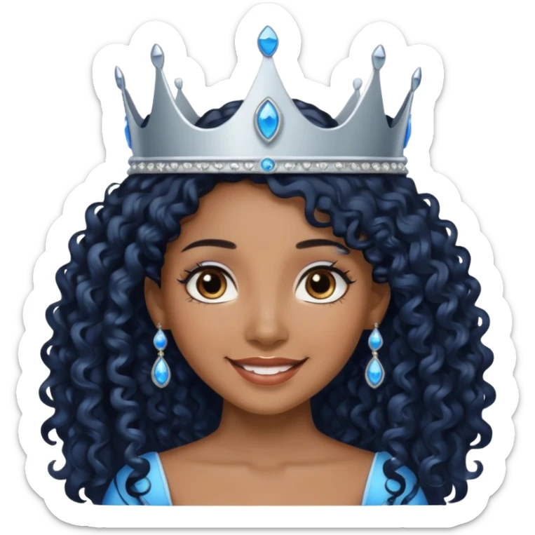 Por favor hazme el emoji de la princesa pero morena con el pelo negro y rizado y largo, los ojos marrones y la corona plateada con jollas azules sticker