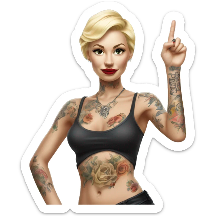 Blonde elegant women, her Body Covered with Tattoos, POINTING YOU FORWARD with her HAND with INDEX FINGER, Hyper realistic sticker