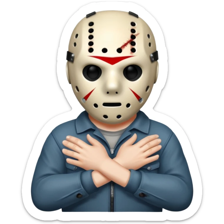 a cartoon image of Jason Voorhees, looking cute, with his hands together in front of him sticker