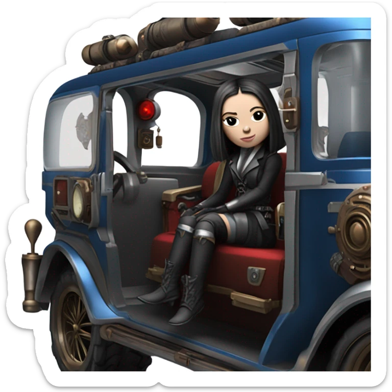 Jedi bounty hunter Wednesday Addams racing sitting in a modern blue,red and pewter steampunk electric luxury sticker