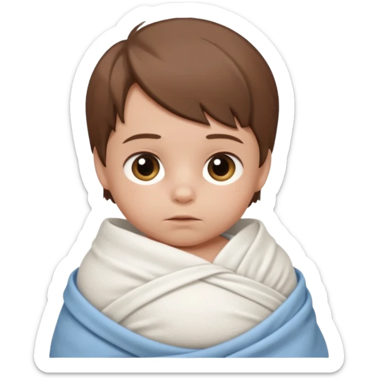 A new born baby boy wrapped in a swaddle with brown hair sticker