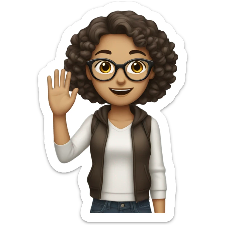 Girl with curly dark brown hair wearing glasses waving sticker