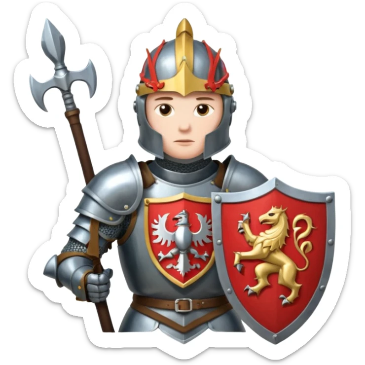 An emoji portrait of a medieval knight. He wears a suit of armor with a stylized helmet. His expression is serious and determined, and he holds a shield with a family crest. sticker