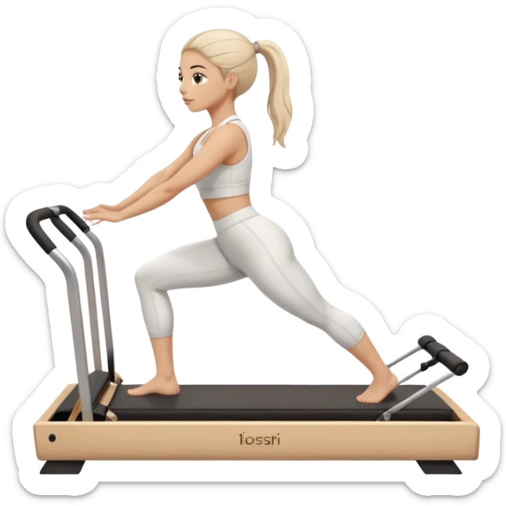 a girl doing reformer pilates, she is wearing a white fit and she has dark straight and loose hair.  sticker