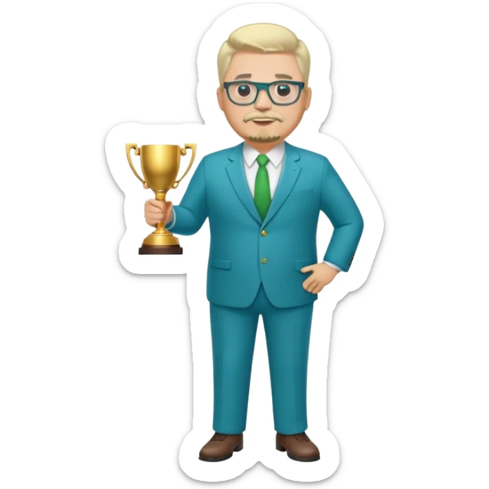 Full Body white fat male  wearing glasses with a goatee with light blonde gray very short hair basketball head Coach in blue and green suit holding trophy sticker