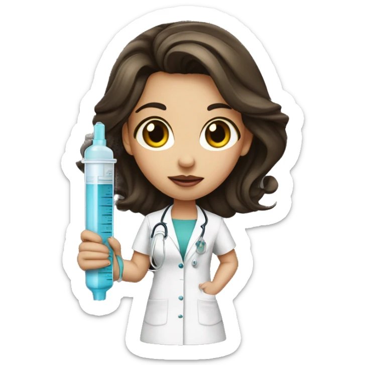 girl, brunette, big lips, in a medical gown with a medical syringe sticker