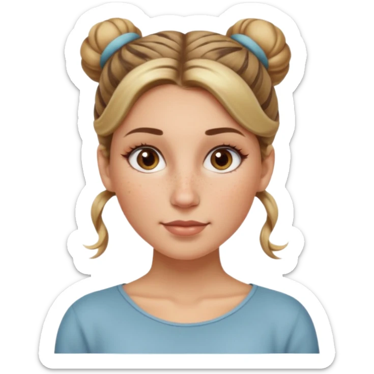 creative women with long dark Blond with highlights semi curly hair white women with hair in a top bun, oval shape face hazel eyes long lashes freckles on the nose high cheek bones sticker