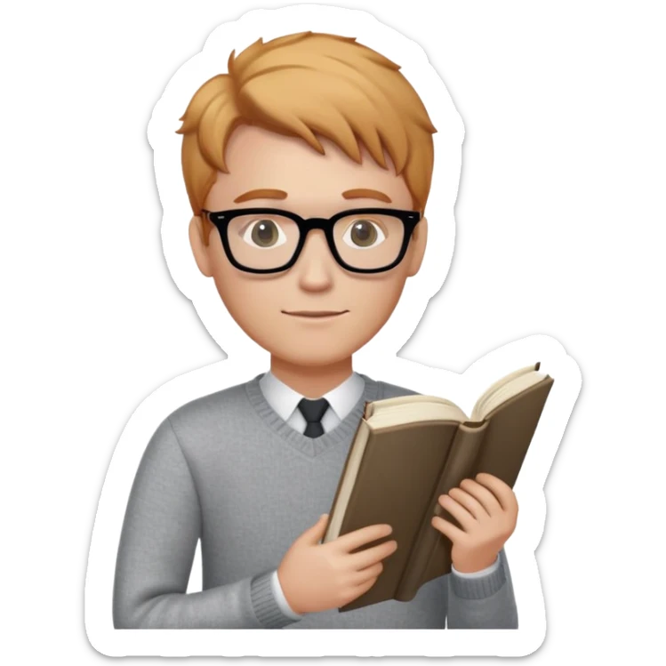 English teacher with strawberry blonde hair, black glasses, and a book in his hand. He wears a grey sweater sticker