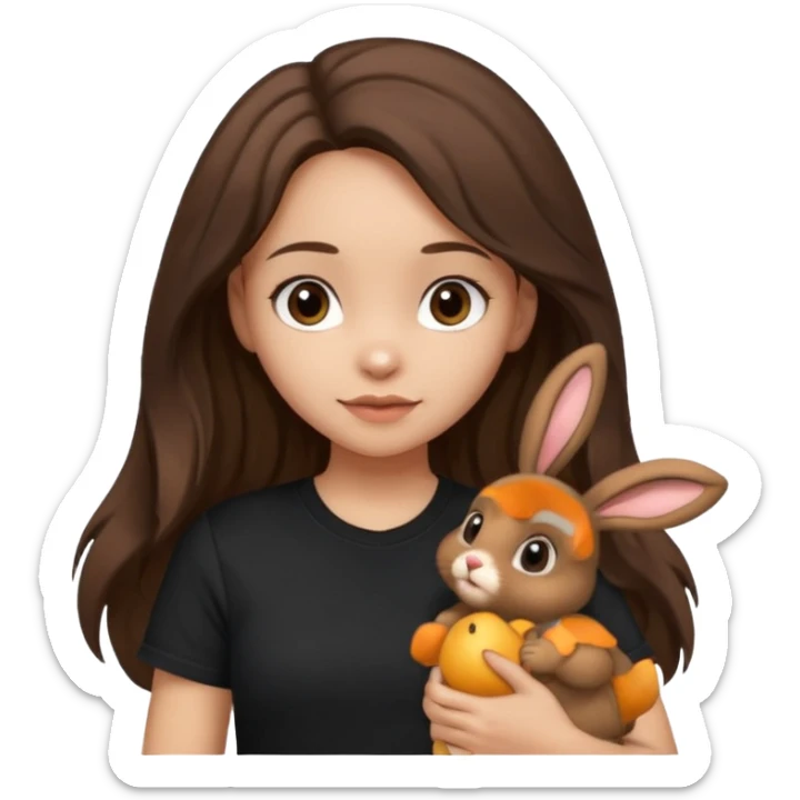 Girl About 15 years old with light skin and brunette Long slightly wavy hair, with dark brown eyes. Shes wearing black t-shirt. In her hand she's holding a brown bunny with ears down sticker