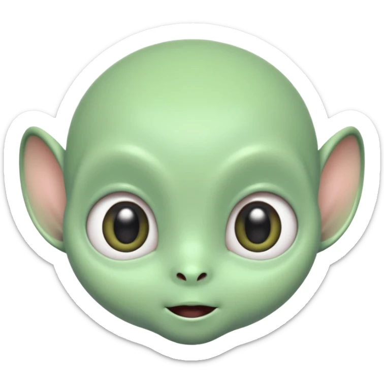 ortrait of a cute alien with round head, big shiny eyes, pastel green skin, small antennae, friendly expression, cartoon style sticker