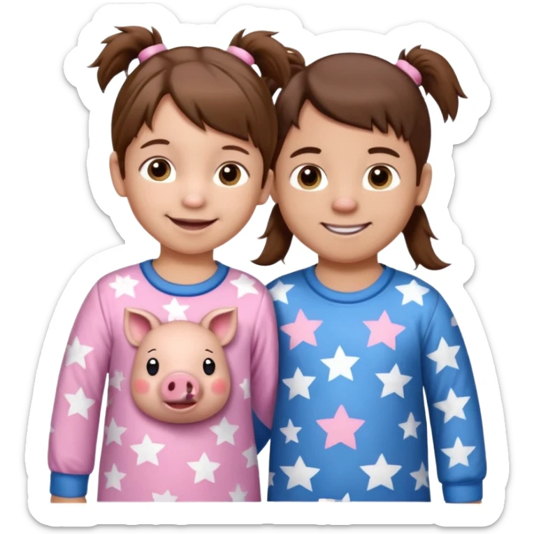 A toddler girl with brown hair with two pig tails, wearing pink pajamas with white stars on them. With a 4 year old boy with spikey brown hair, wearing blue pajamas with white stars on them. Both light skin and smiling. Both with a mix of big and small white stars on the pajamas  sticker
