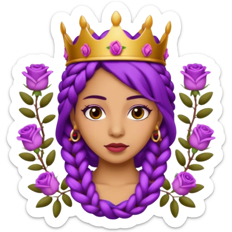 Crown Olive skin queen with purple braids, brown eyes surrounded by roses sticker