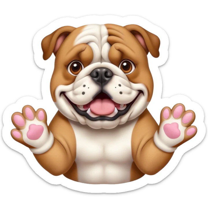 British bulldog dog with paws out in front of face in a surprised pose sticker