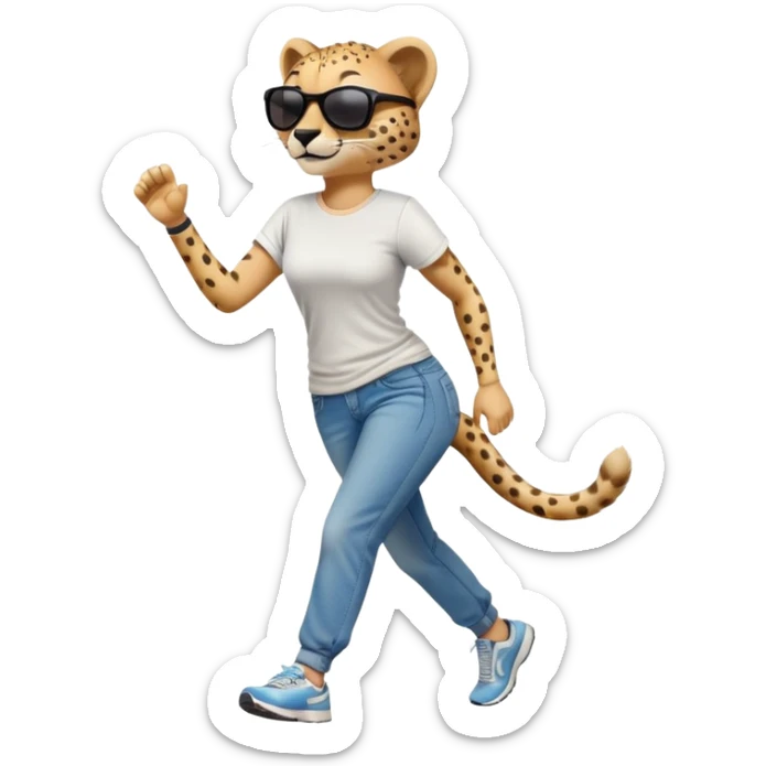 friendly anthropomorphised female cheetah in jeans and t-shirt, wearing dark sunglasses, jogging upright in relaxed pose sticker