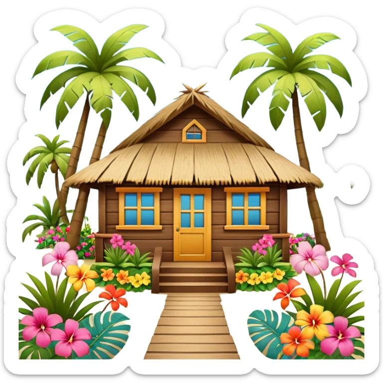 Hawaiian beach house, small tropical house, wooden walls, thatched roof, colorful flowers, palm trees, cute mobile game icon, 3D cartoon, bright colors, soft shadows, clean background, no text, no watermark sticker