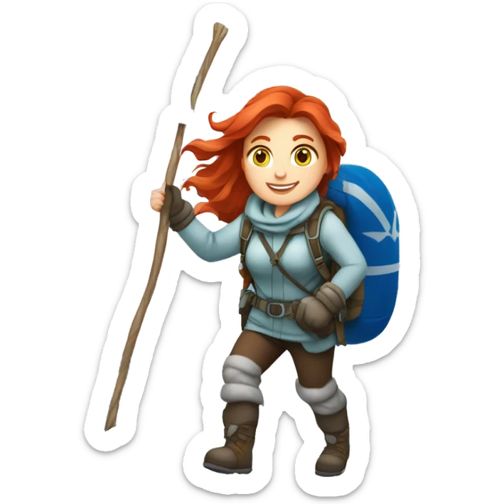 Female winter mountaineer red hair white skin climbing with Greek Flag and Easter eggs basket sticker