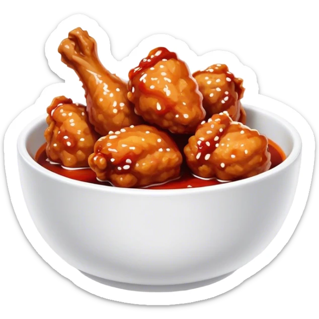 Korean Fried Chicken Cinematic Realistic Korean Fried Chicken Dish Emoji, depicted as bite-sized chicken chunks generously coated in a glossy, spicy sauce, in a bowl. sticker
