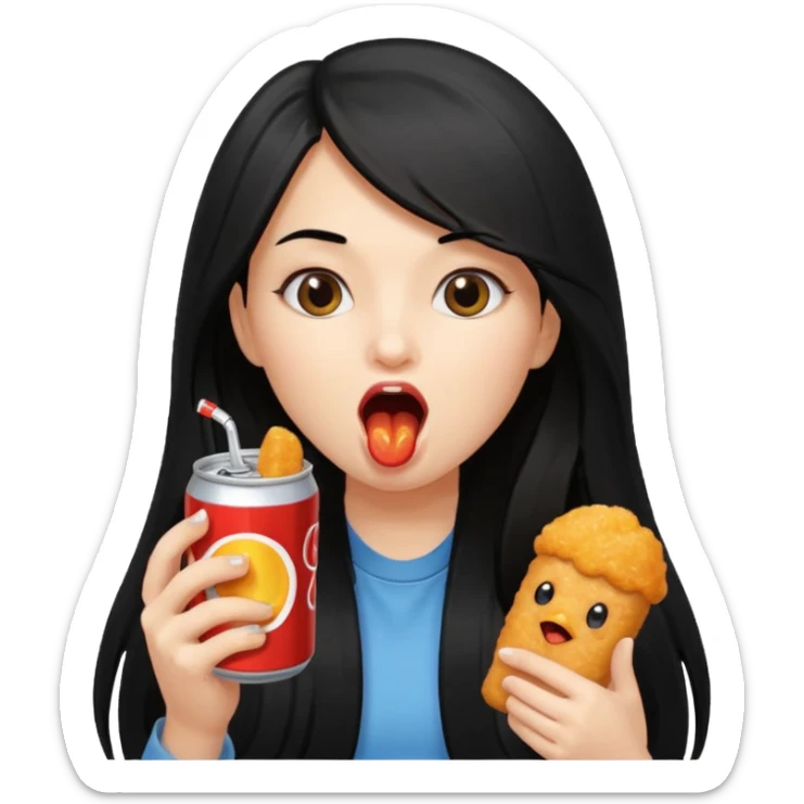 girl with long black hair eating with mouth on the chicken nugget and holding a soda can sticker
