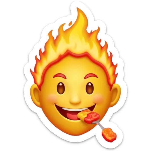 Crea un sticker de un personaje con cabeza de fuego, sonriente, que esté comiendo gomitas y que tenga colores llamativos y luminosos en tonos rojos, amarillo y naranja  sticker