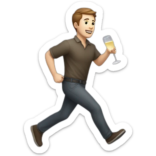 White man with very short brown hair runs with a carton of champagne sticker