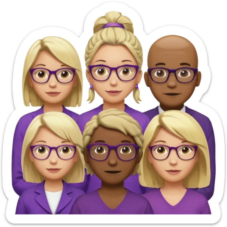 FIVE person team; 2 men and 3 women.  All dressed in yellow or purple.  
1 caucasian woman with blonde mid length hair
1 caucasian woman has ash blonde hair tied up.  
1 man is African-american and bald
1 man is caucasian and very little hair left.  
All have glasses sticker