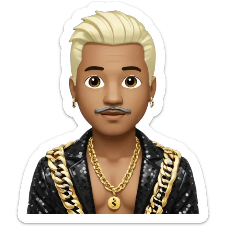 Sisqó with platinum blonde hair, black sequin jacket, shirtless with necklace, dark skin, dark brown thin mustache sticker