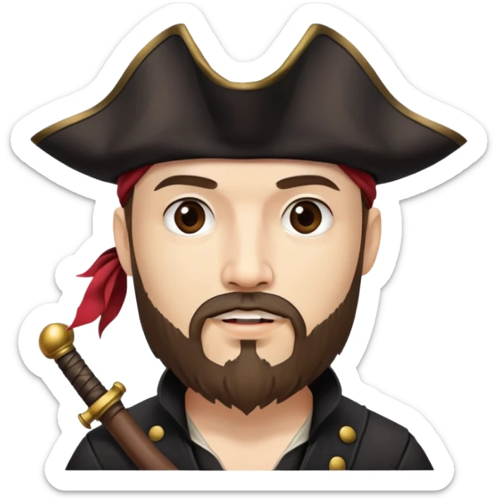 "- Nam
- 35 tuổi
- Da trắng
- Râu quai nón nâu
-  Cướp biển caribe
- đội mũ cướp biển màu đen sticker