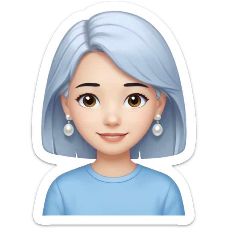  emoji of a smiling girl with a long bob haircut in black-brown color, fair tan skin, soft black eyebrows, and brown eyes. She's wearing a pastel blue shirt, has pearl earrings, and white clean hair clips. Her look is fresh and minimal clean girl aesthetic. Use a white background, sticker