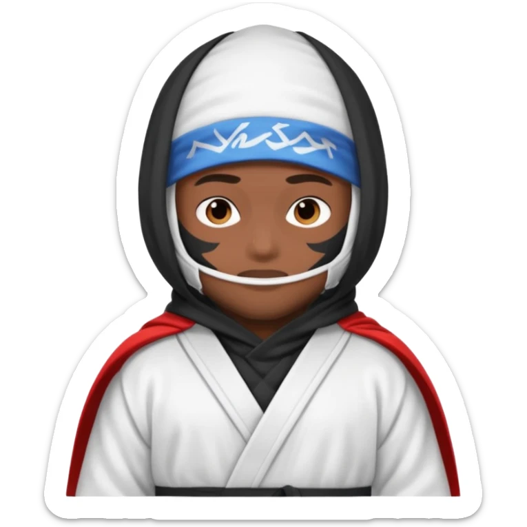 All white ninja robe with no black with white ski mask to cover face and neck with a hoodie on and dark brown skin color sticker