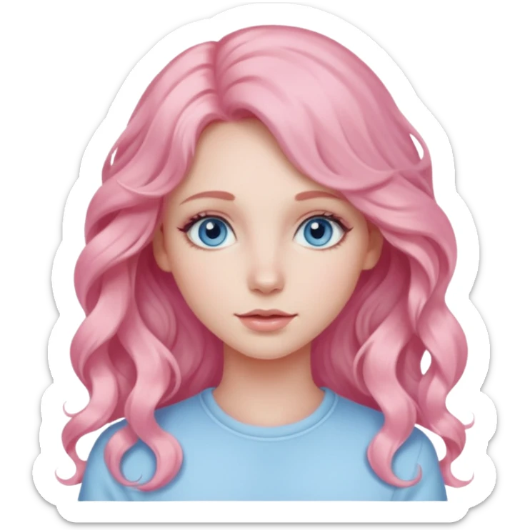 a girl with blue eyes, long pastel pink wavy hair, subtle clean makeup sticker
