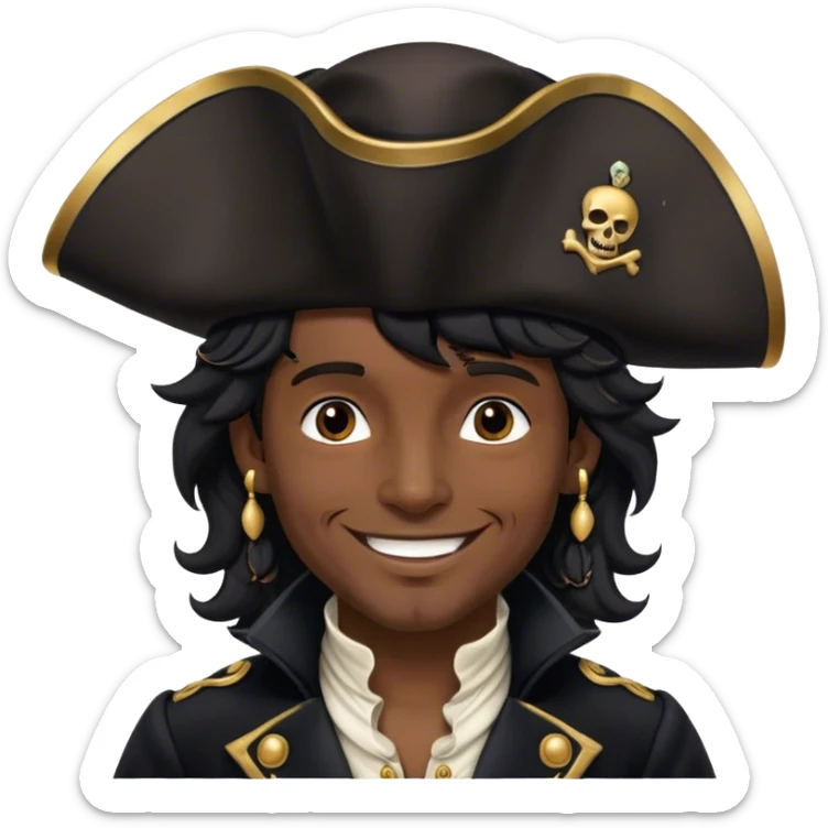 A charming man pirate with wavy black hair, wearing a decorated tricorn hat and a velvet coat, smiling confidently dressing color black sticker