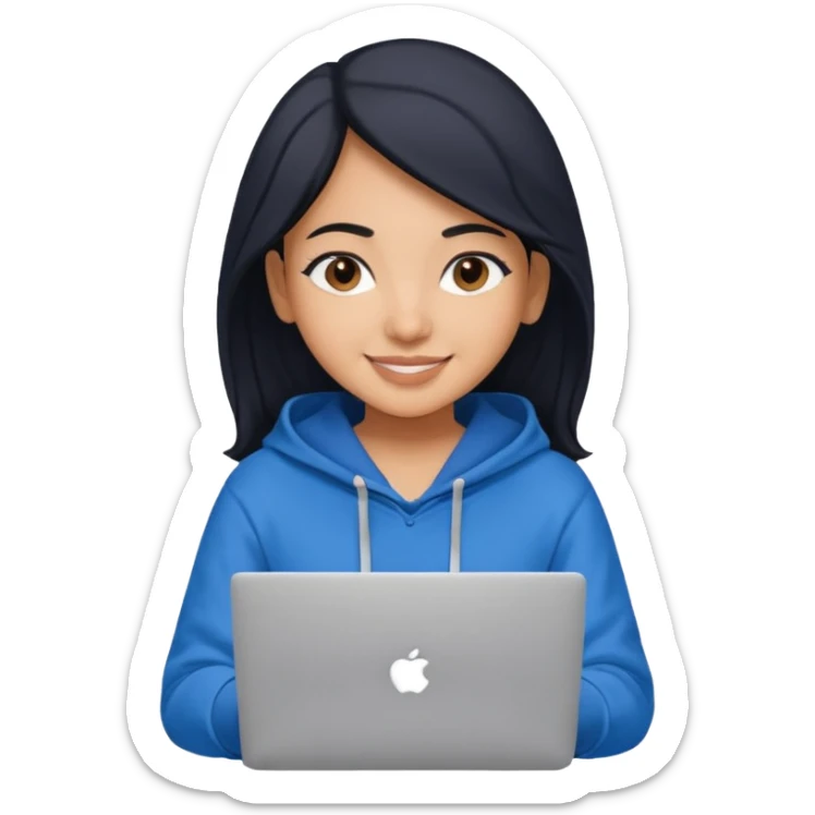 i am a brown south asian girl wearing a blue hoodie about to do a lot of computer work my skin is lighter and my hair is black. I use a macbook pro laptop sticker
