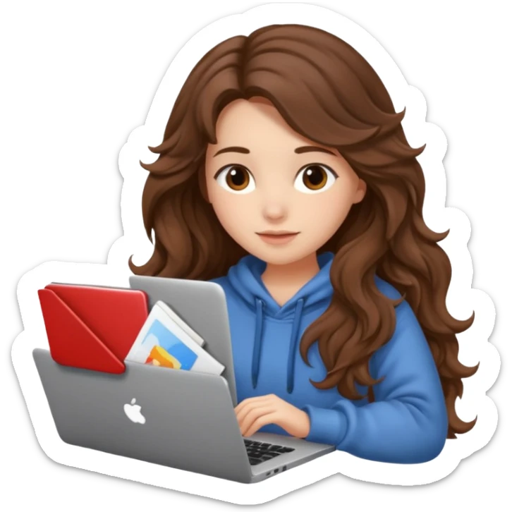 make a picture in ios 18 style of a girl with brown long wavy hair wearing cozy clothes and working on a laptop sticker