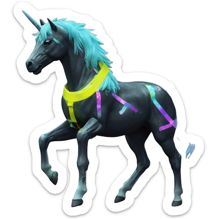 .Zombie_ Vaporwave black holographic oilslick zombie unicorn yellow caution tape graffiti Pegasus sticker