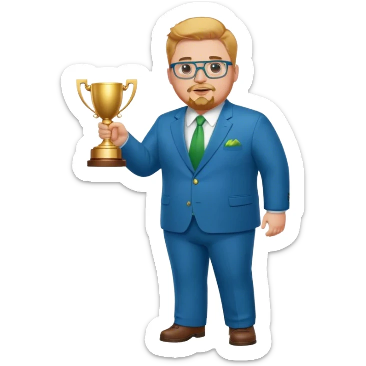 Full Body white fat male  wearing glasses with a goatee with strawberry blond very short hair basketball head Coach in blue and green suit holding trophy sticker
