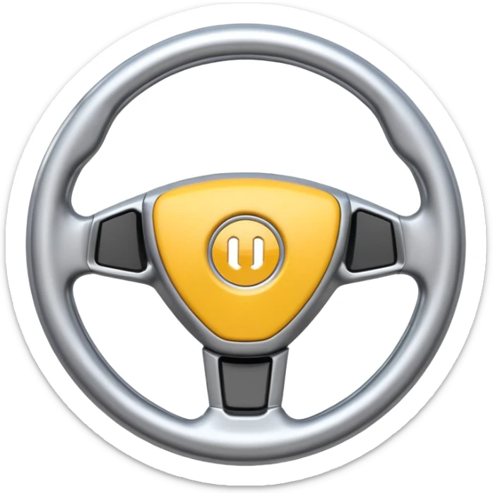 A futuristic steering wheel emoji made of silver chrome, minimal geometric design, smooth metallic surface, soft reflections, iOS emoji style, centered, clean white background sticker