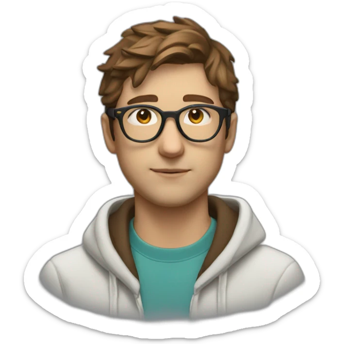 Profile shot white male heart face messy brown short tapered hair with clear plastic glasses and hoodie sticker
