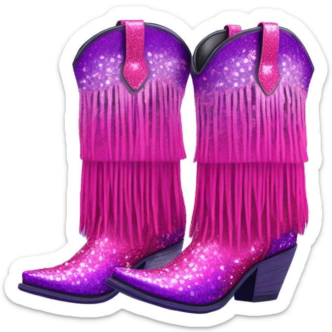 Realistic hot pink to purple ombre leopard print pair of fashion cowgirl boots with sparkly shiny glitter fringe on them. sticker
