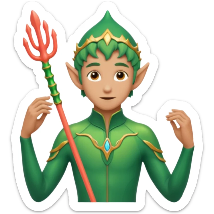 male elf in iridescent wetsuit, coral staff. Gills on neck legolas sticker