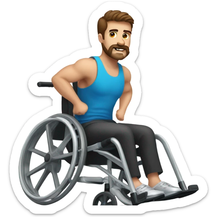 Wheelchair guy working out with brown hair, brown eyes and brown mustache  sticker