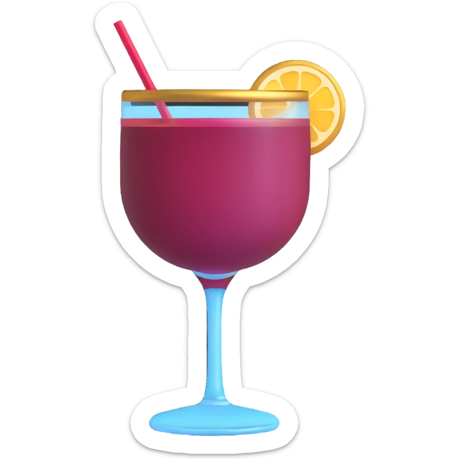 3D emoji style cocktail glass with burgundy drink and a gold rim sticker
