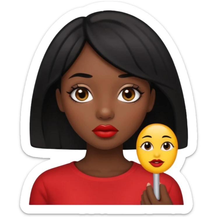 Dark skin gurl with black hair, big lips m, dark brown eye, octagon face shape and chinky eyes no red lipstick  sticker