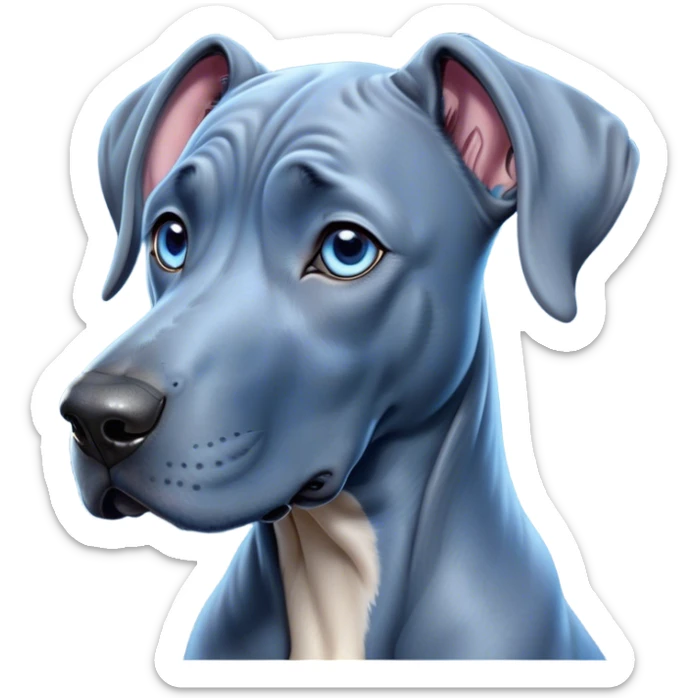 Cinematic Cute Blue Great Dane Portrait Emoji, Head tilted playfully and inquisitively, featuring a glossy blue Fur with a refined sheen, round, sparkling steel-blue eyes filled with curiosity, Simplified yet irresistibly adorable features, highly detailed, glowing with a warm, friendly glow, high shine, affectionate and gentle, stylized with a touch of whimsy, bright and endearing, soft glowing outline, capturing the essence of a mischievous yet loving pup, so playful it feels like it could lumber out of the screen and into your arms! sticker