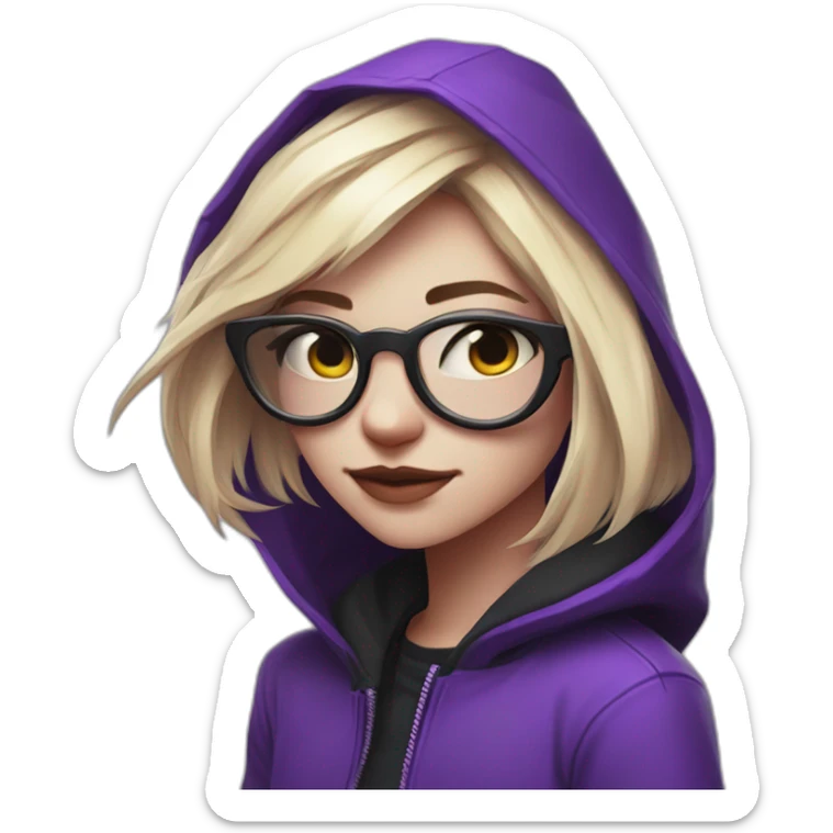 Girl blond artist with round glasses left side behind his laptop with this style: valorant riot Game purple character purple black hooded hacker themed character sticker