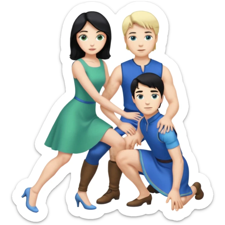 prince, upright, black Hair, blue eyes, blue garment,  Woman, blonde Hair, Green eyes, bending knee, sleveless White Dress, sticker