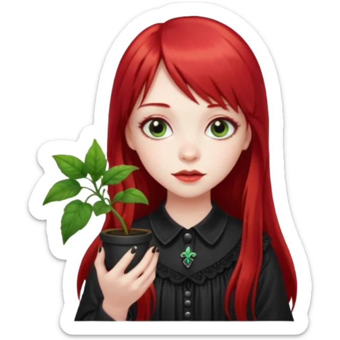 a gothic girl with long red hair and bangs holding a lucky pin and plant sticker