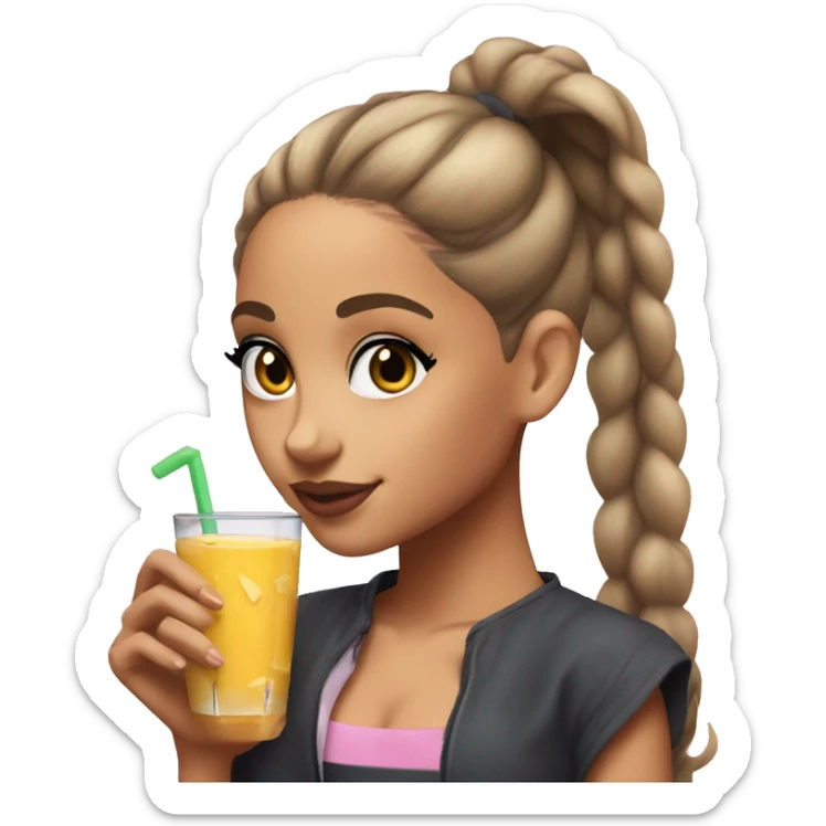 ariana grande with a high ponytail holding a glass of juice and a cookie  sticker