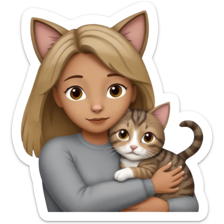 Une femme avec les cheveux dégradée, brun et blond, qui fait un câlin à son chat gris, tigré avec les extrémités que pattes pointe d’oreilles noires et le dessous du menton blanc sticker