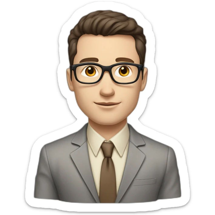 Pale skinned fit man with dark brown hair in gray jacket, beige office shirt, brown tie, brown pants and vintage glasses Writing on the marker board sticker