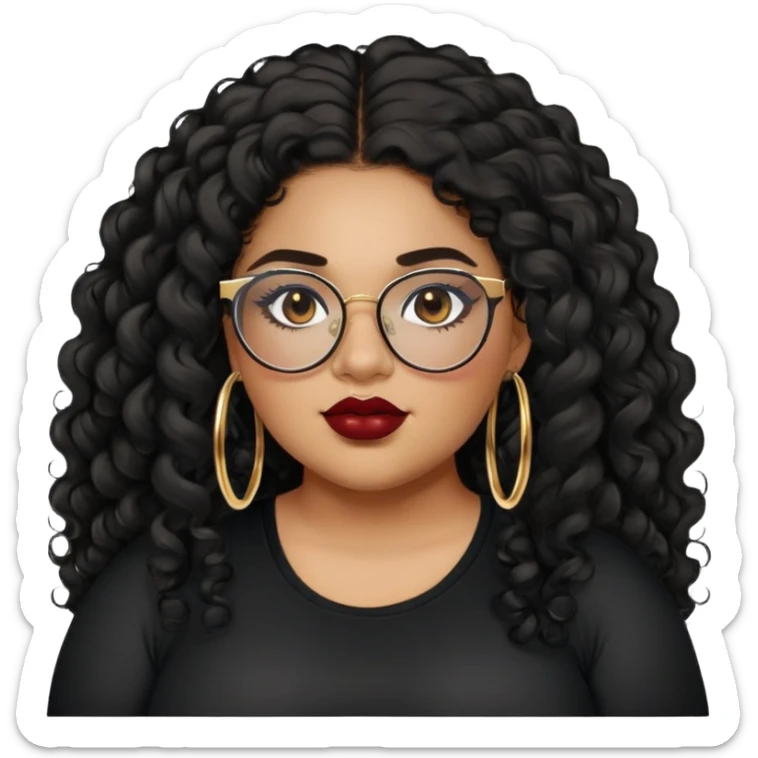 teen big plus size, latina, darker tan skin, gold hoops, long black curly hair, baddie,pretty, makeup, dark red lipgloss, black eyeliner, long hair, black shirt, BLACK glasses sticker